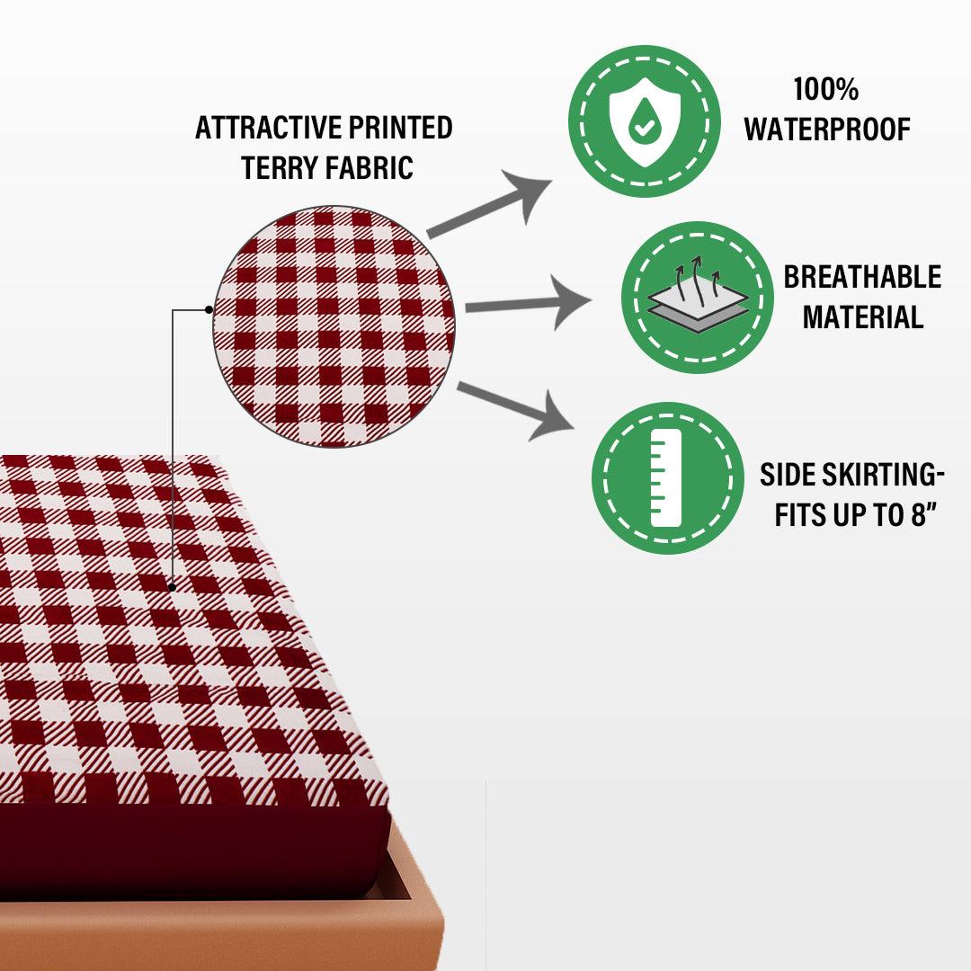 Waterproof Mattress Protector with 360 Degree Elastic Strap, Luxury Terry Printed (Maroon & White, Available in 16 Sizes) - Dream Care Furnishings Private Limited