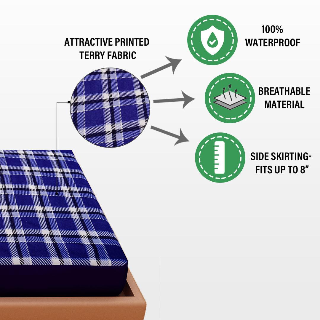 Waterproof Mattress Protector with 360 Degree Elastic Strap, Luxury Terry Printed (Navy Blue, Available in 16 Sizes) - Dream Care Furnishings Private Limited