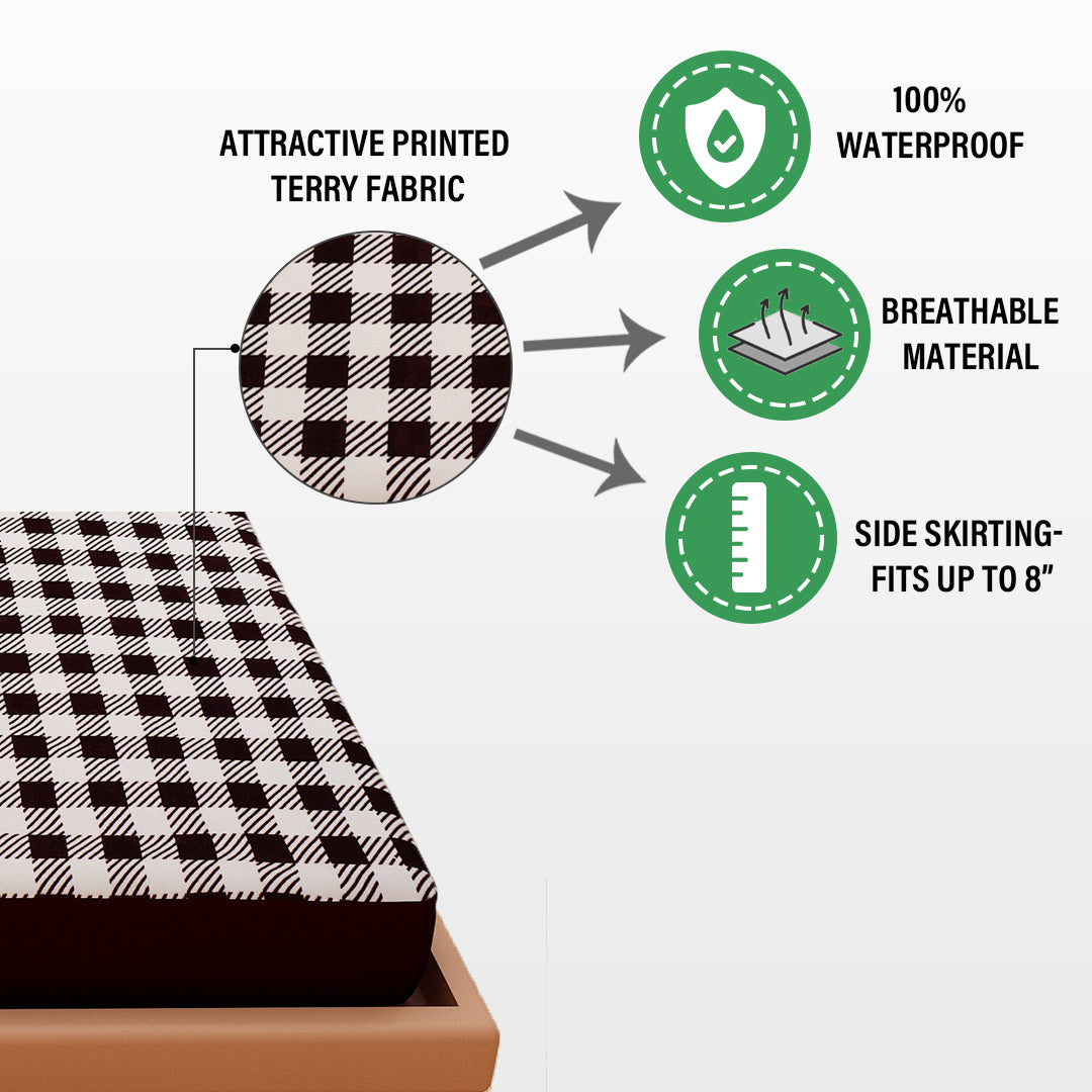 Waterproof Mattress Protector with 360 Degree Elastic Strap, Luxury Terry Printed (Brown & White, Available in 16 Sizes) - Dream Care Furnishings Private Limited
