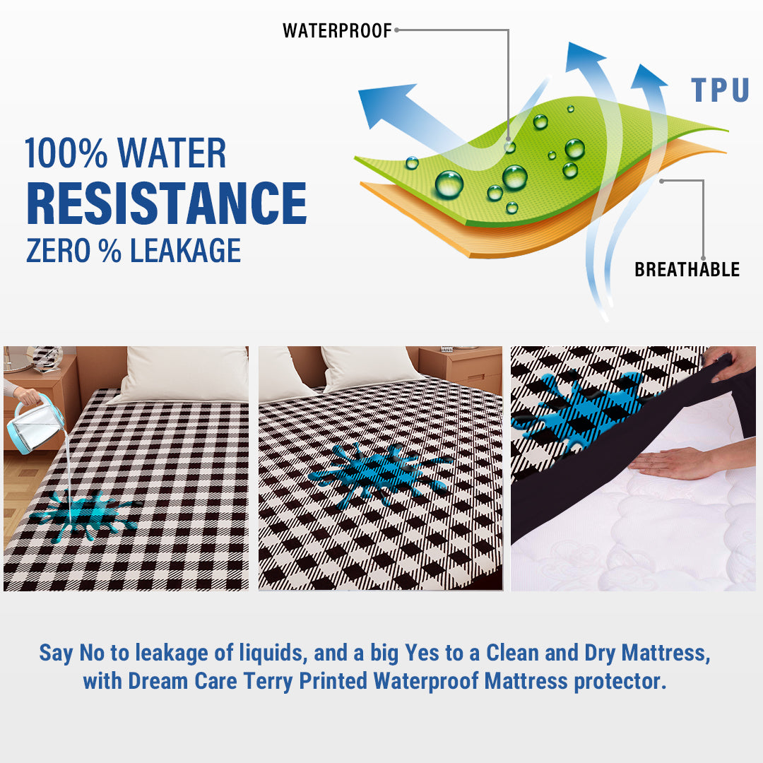 Waterproof Mattress Protector with 360 Degree Elastic Strap, Luxury Terry Printed (Brown & White, Available in 16 Sizes) - Dream Care Furnishings Private Limited