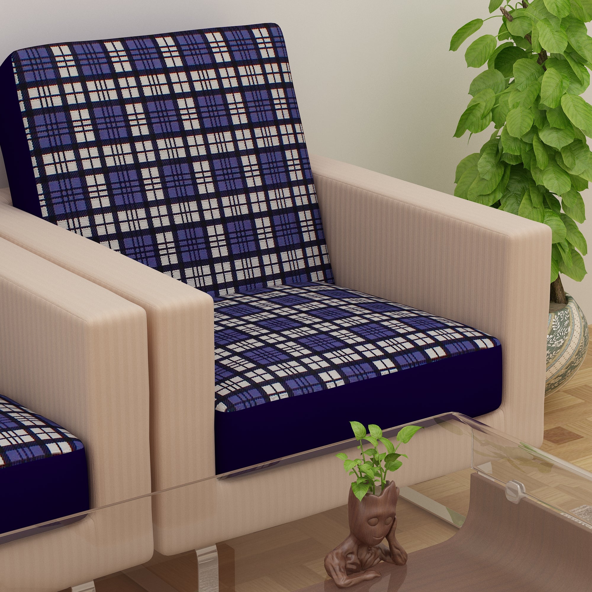 Waterproof Printed Sofa Seat Protector Cover with Stretchable Elastic, Blue White - Dream Care Furnishings Private Limited
