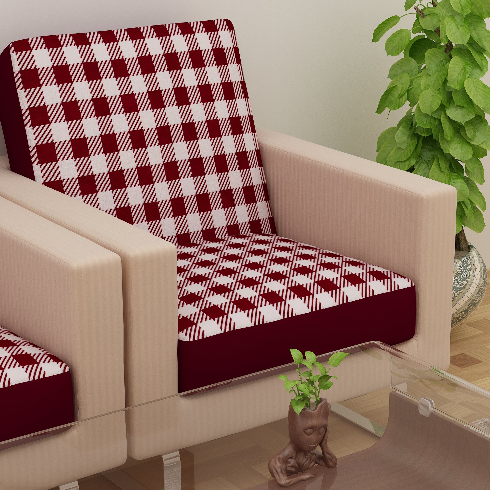 Waterproof Printed Sofa Seat Protector Cover with Stretchable Elastic, White Maroon - Dream Care Furnishings Private Limited