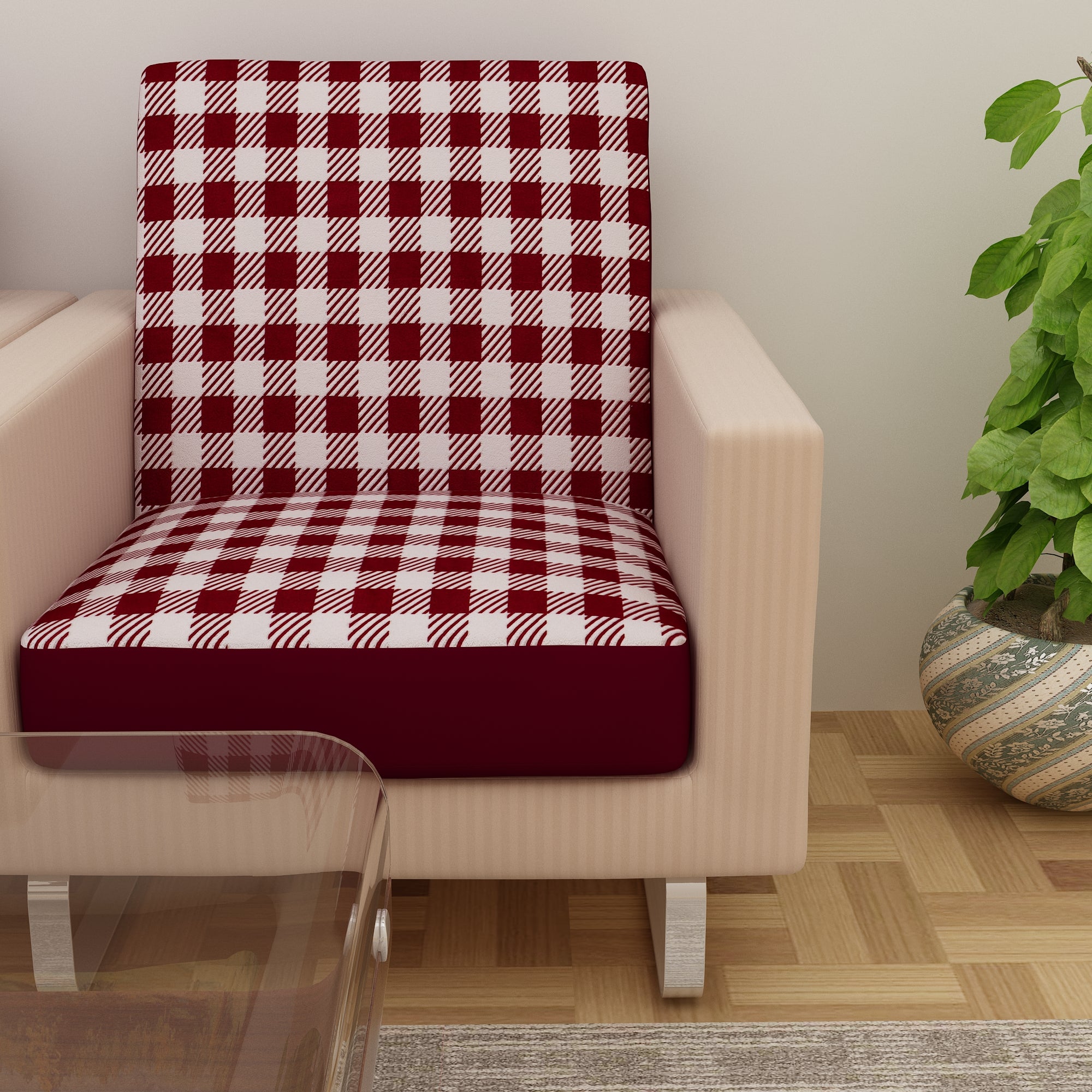 Waterproof Printed Sofa Seat Protector Cover with Stretchable Elastic, White Maroon - Dream Care Furnishings Private Limited