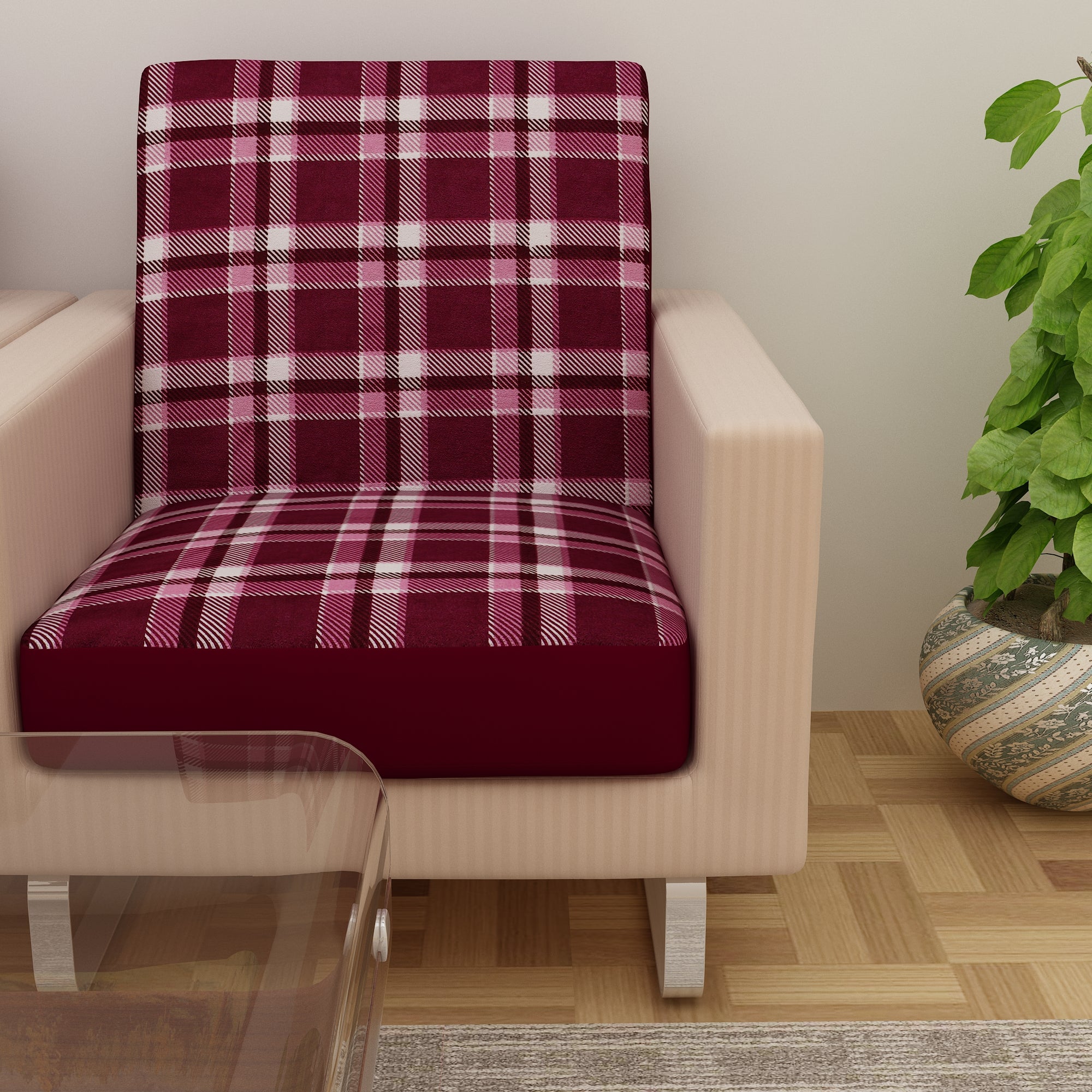 Waterproof Printed Sofa Seat Protector Cover with Stretchable Elastic, Maroon - Dream Care Furnishings Private Limited