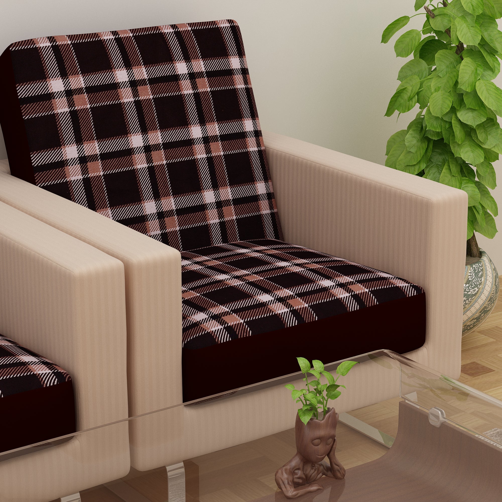 Waterproof Printed Sofa Seat Protector Cover with Stretchable Elastic, Brown - Dream Care Furnishings Private Limited