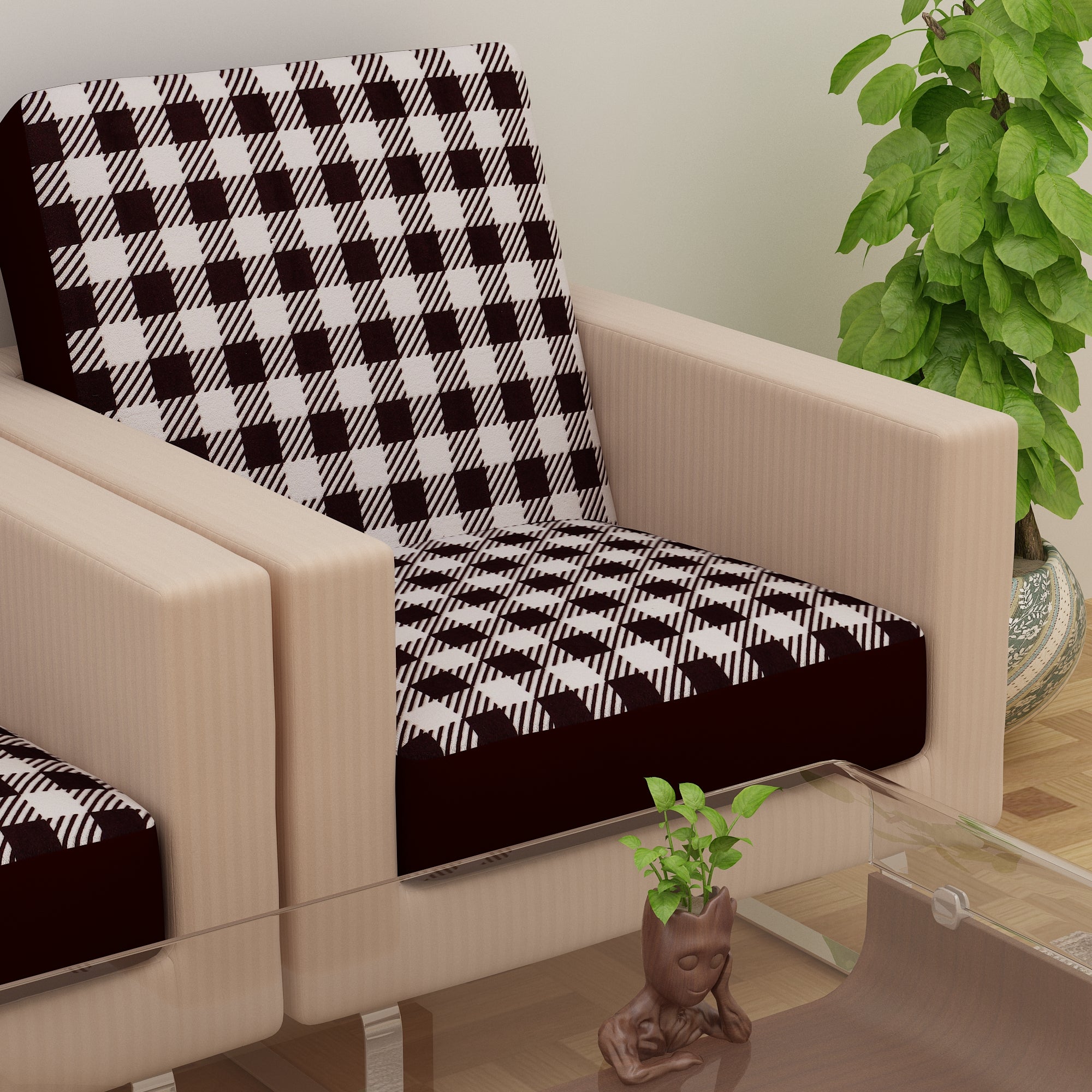 Waterproof Printed Sofa Seat Protector Cover with Stretchable Elastic, White Brown - Dream Care Furnishings Private Limited